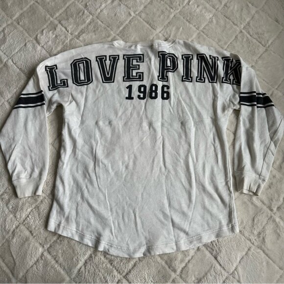 Victoria's Secret PINK | FLAWED White & Black Varsity Crew Sweater | Size Medium - Picture 1 of 12